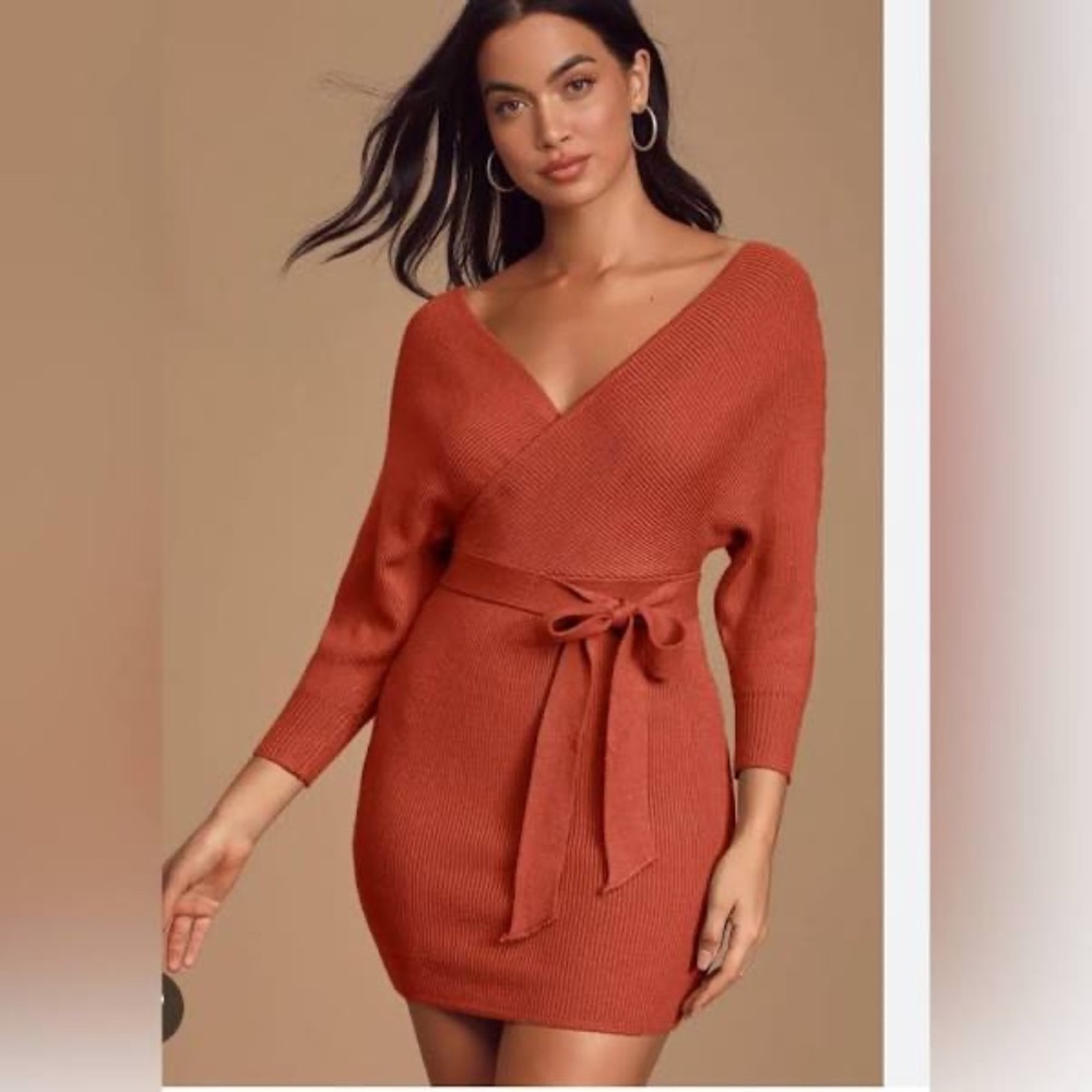 LULUS Sweater Dress Modena Knit Rust Brown Dolman Sleeve Bodycon Mini Size M NEW